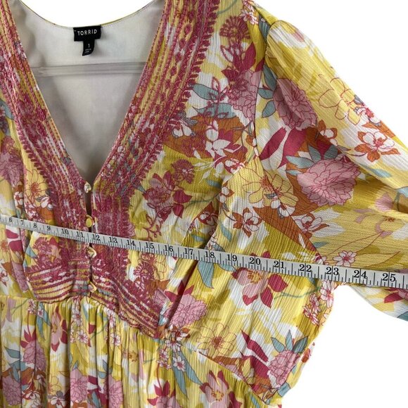 Torrid Womens 1X Floral Embroidered Midi Dress Smocked Waist Balloon Sleeve Boho - Picture 8 of 13